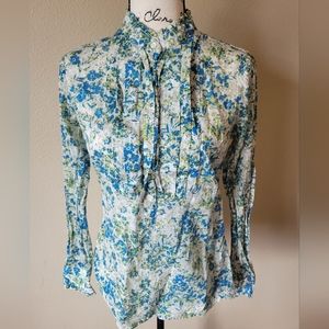 J Crew Green and Blue Floral Pleated Long-Sleeve Top